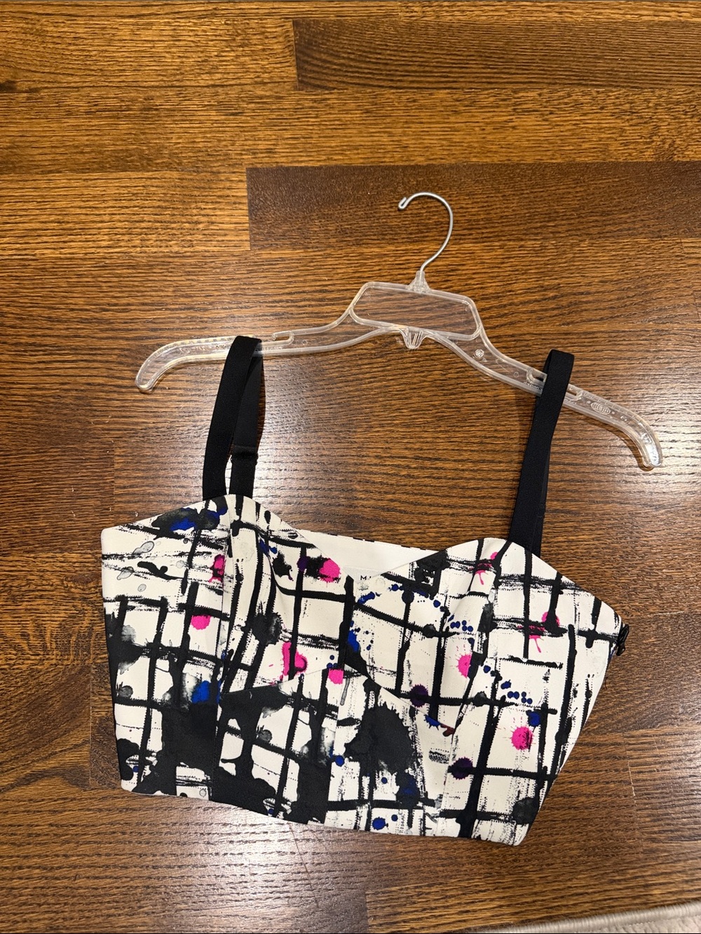 Milly Cool Grid Print Bustier Top with Black Straps